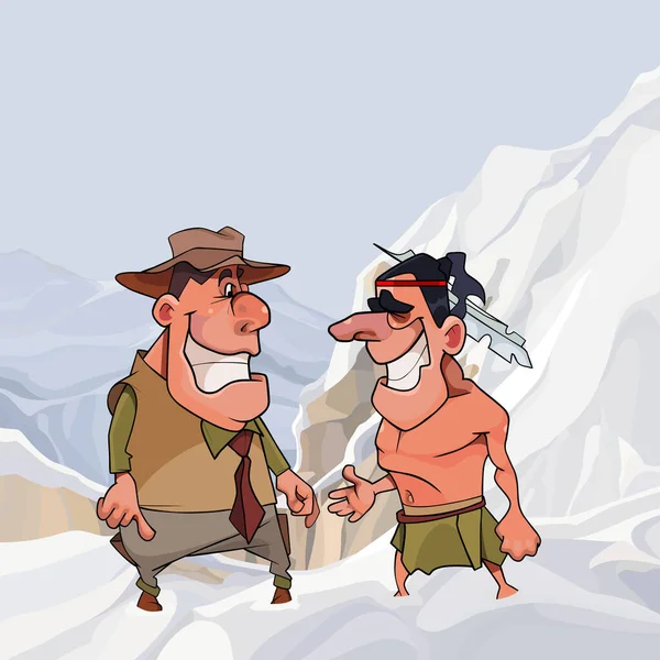 Engraçado Cartoon Homem Chapéu Nativo Americano Alegremente Conversando Montanhas Nevadas — Vetor de Stock