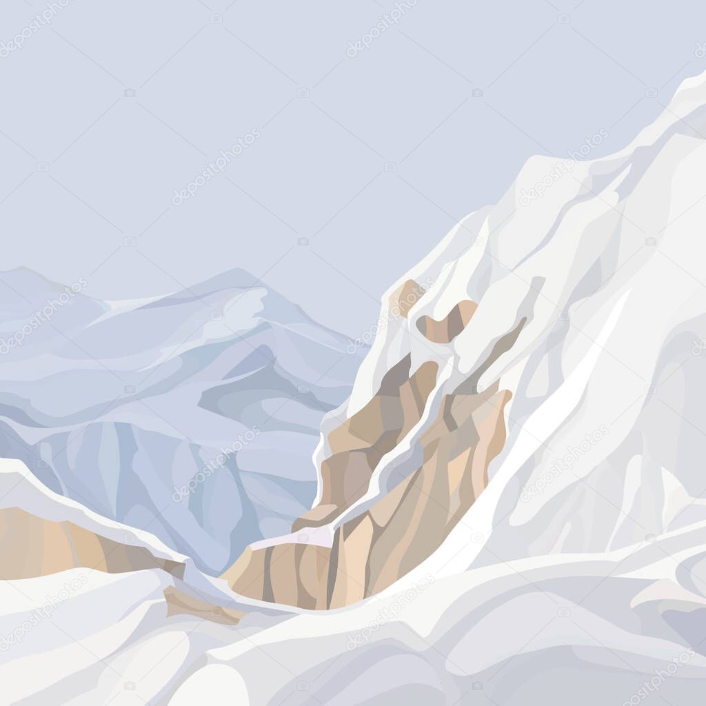 pale mountainous background from the top of snowy cliff