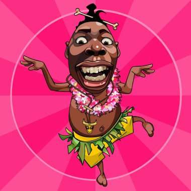 Komik siyah papualı adam pembe arka planda dans ediyor.