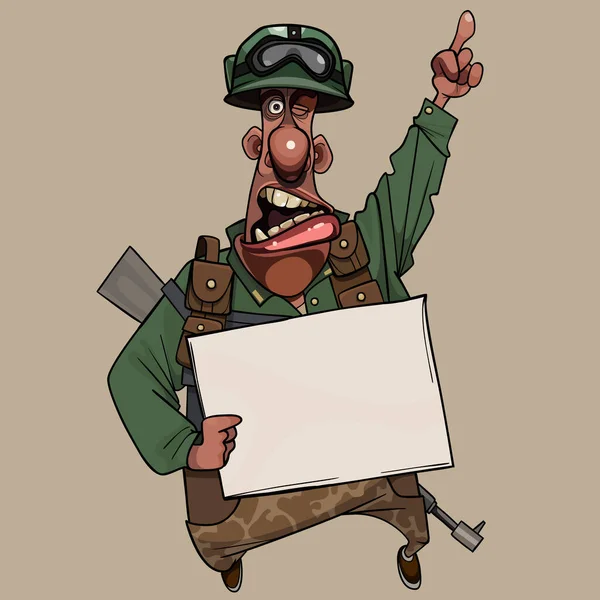 Parler Dessinateur Homme Uniforme Militaire Tient Avec Affiche Vierge Dans — Image vectorielle