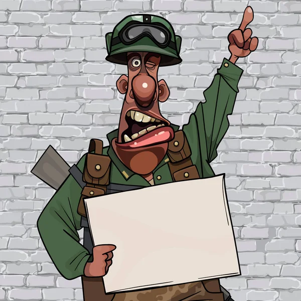 一个身穿军人制服 手上拿着空白海报靠着砖墙的滑稽漫画演说家 — 图库矢量图片