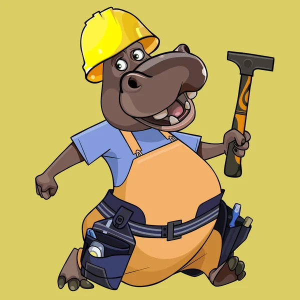 Śmieszne Kreskówki Hipopotam Mundur Budowniczy Kasku Młotek Ręku — Wektor stockowy