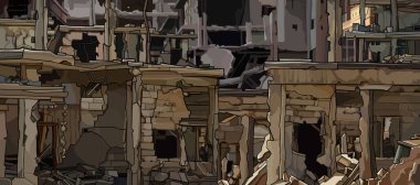 Şehir binalarının yıkıntılarının arka planı kapanıyor. Vektör resmi