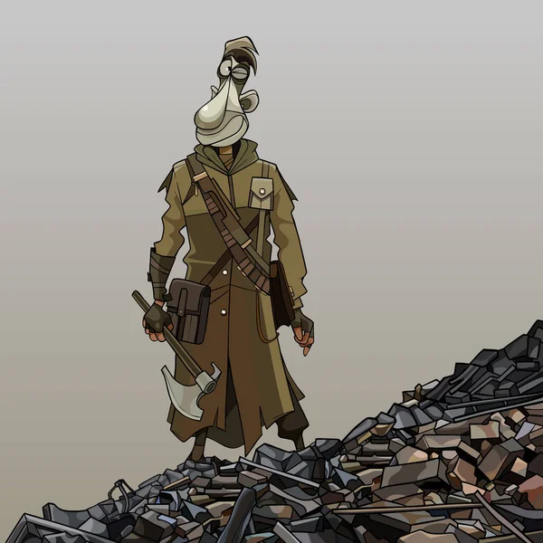 Zeichentrickmann Militärkleidung Steht Auf Den Ruinen Der Apokalypse — Stockvektor