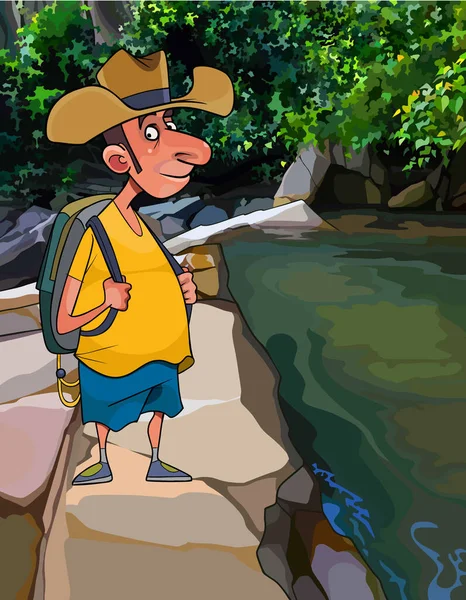 Homem Dos Desenhos Animados Turista Fica Costa Lagoa Selva —  Vetores de Stock
