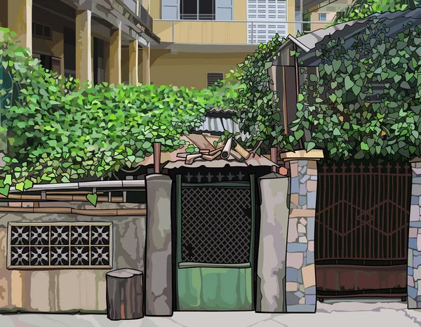 Cerca Cubierta Pintada Con Puerta Delantera Del Barrio Pobre Imagen — Archivo Imágenes Vectoriales