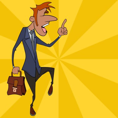 Evrak çantasındaki işaret parmağıyla takım elbiseli duygusal karikatür adamı.