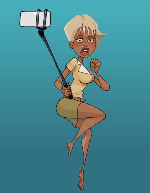 Korkak karikatür kadın selfie çubuğuyla kendini çekiyor.