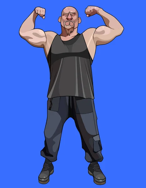 Homem Dos Desenhos Animados Com Barba Posando Fortemente Tensionando Bíceps — Vetor de Stock