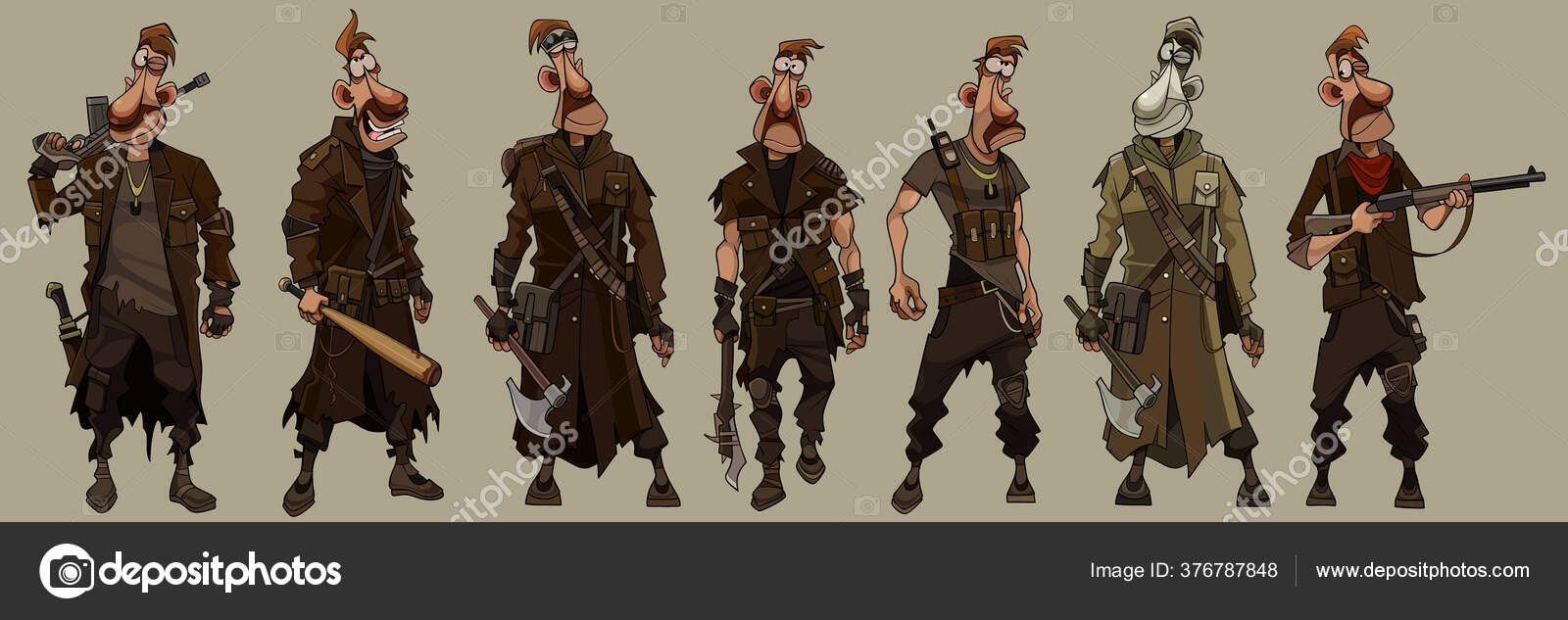 Cartoon Man Military Uniform Post Apocalypse Weapons Different