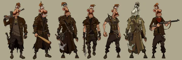 Hombre Dibujos Animados Uniforme Militar Post Apocalipsis Con Armas Diferentes — Vector de stock