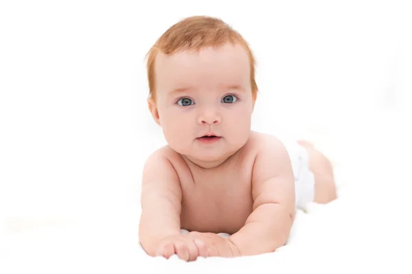 Ładny mały roześmiany dziecko indeksowania na białym tle — Zdjęcie stockowe