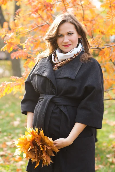 Mooie glimlachend zwangere vrouw staat in de herfst park — Stockfoto