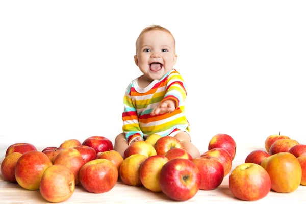 Bebé feliz con manzana aislada en blanco —  Fotos de Stock