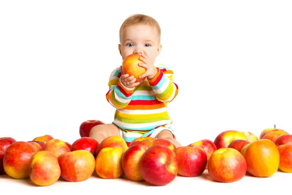 Bebé feliz con manzana aislada en blanco —  Fotos de Stock