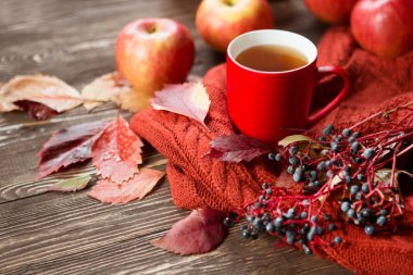 Sonbahar konsepti arka plan. bir fincan çay ve elma ile sonbahar natürmort