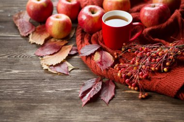 Sonbahar konsepti arka plan. bir fincan çay ve elma ile sonbahar natürmort