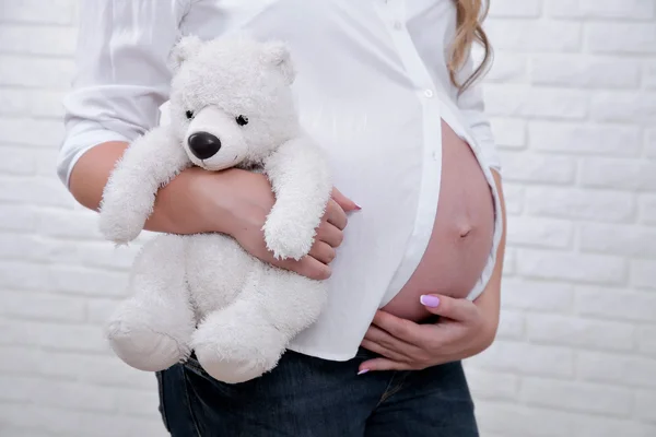 Bříško těhotné ženy s Medvídek — Stock fotografie