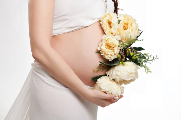 Ventre Une Femme Enceinte Robe Blanche Avec Des Fleurs Fille — Photo