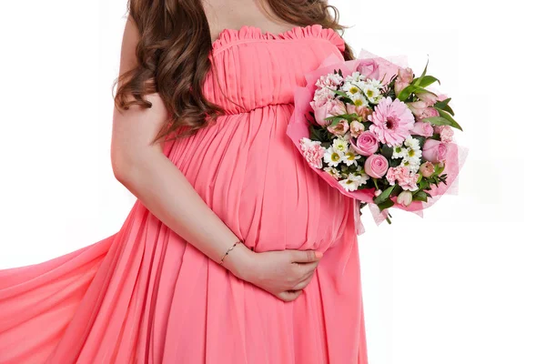 Buik Van Een Zwangere Vrouw Roze Met Bloemen — Stockfoto