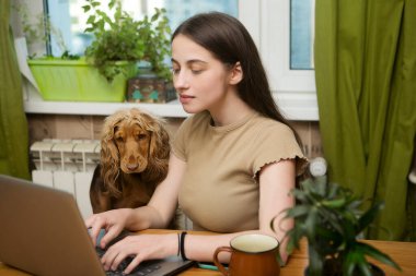Genç bir kız evdeki bilgisayarın başında yazı yazıyor, sevgili köpeği de yanında duruyor. Öğrenci sınava hazırlanıyor.