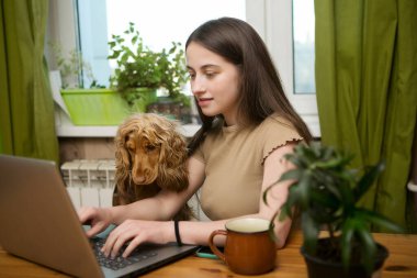 Genç ve güzel bir kız evdeki bilgisayarın başında yazı yazıyor, sevgili köpeği de yakınlarda duruyor. Bir öğrenci sınava hazırlanıyor..