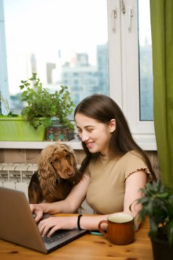 Genç ve güzel bir kız evdeki bilgisayarın başında yazı yazıyor, sevgili köpeği de yakınlarda duruyor. Bir öğrenci sınava hazırlanıyor..