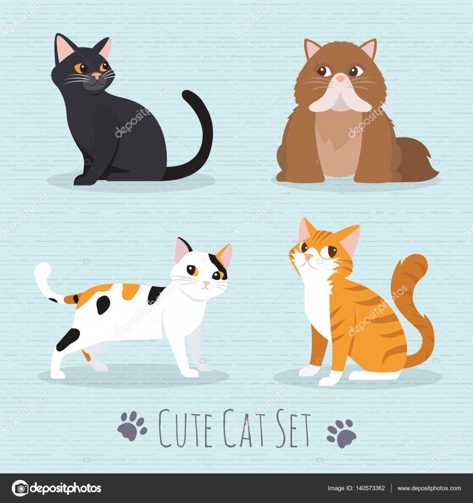 Set of cute cats icons, vector flat illustrations. Cat breeds