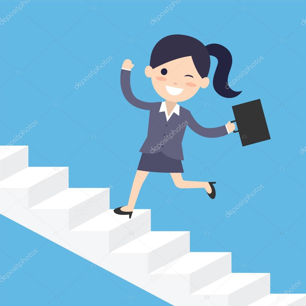 Business woman running up the stairs