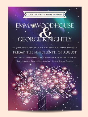 Güzel düğün davetiyesi, çiçek açan ağaç ile dekore edilmiştir. Vintage davetiye şablon parlayan garland ile