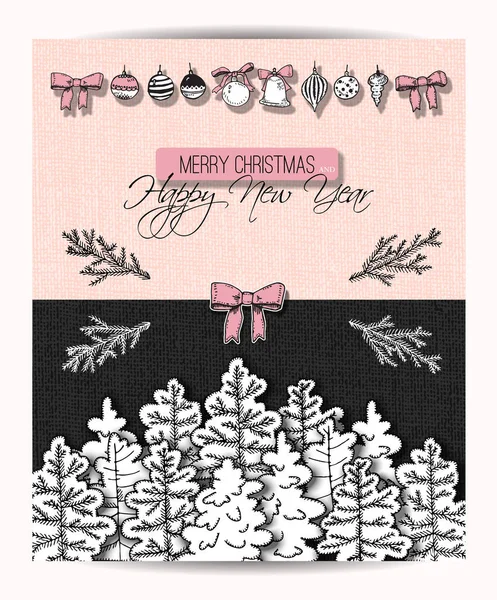 Neujahrs Grußkarte Mit Schneebedecktem Weihnachtsbaum — Stockvektor