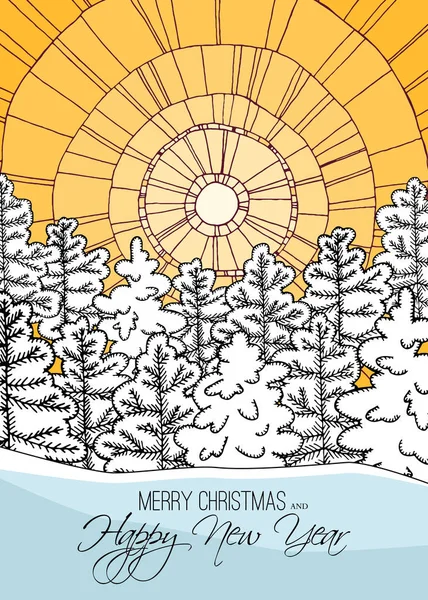 Новогодняя Открытка Геометрическим Фоном Снежным Лесом Зимняя Иллюстрация — стоковый вектор