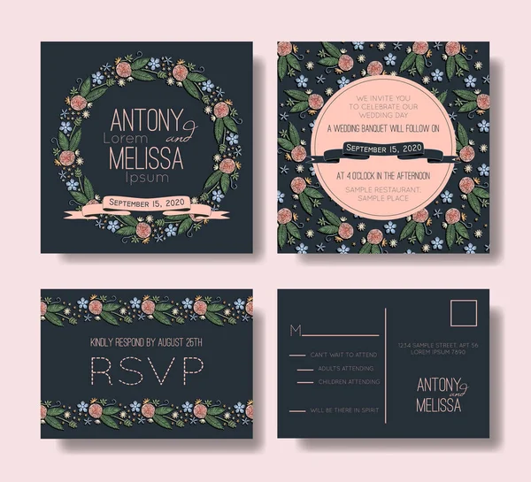 Convite de casamento floral definido. Projeto de bordado . — Vetor de Stock