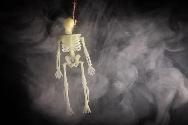 hanged skeleton on a black background in smoke