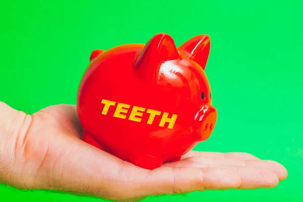 red pig piggy bank on a hand on a green background