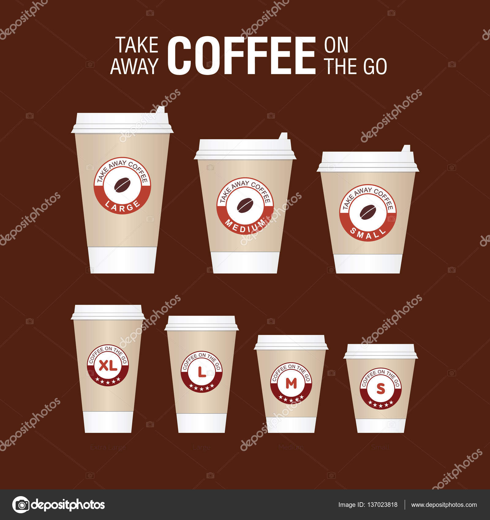 Coffee on the go cups. Different sizes of take away paper coffee cup