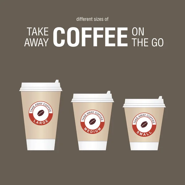 Kaffee für unterwegs. verschiedene Größen der Kaffeetasse zum Mitnehmen. — Stockvektor