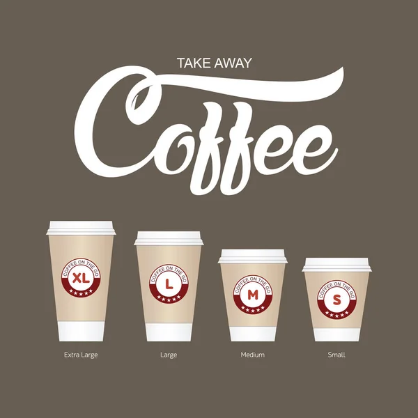 Kaffe på go kopparna. Ta bort papper kaffe kopp i olika storlekar. — Stock vektor