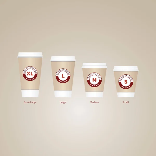 Kaffe på go kopparna. Ta bort papper kaffe kopp i olika storlekar. — Stock vektor