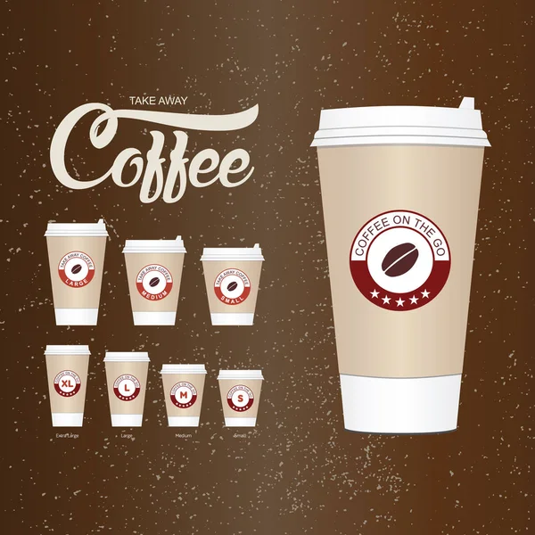 Koffie op de go-cups. Verschillende maten van take away papier koffie beker. — Stockvector