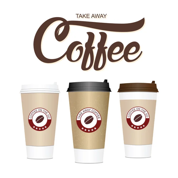 Koffie op de go-cups. Verschillende maten van take away papier koffie beker. — Stockvector