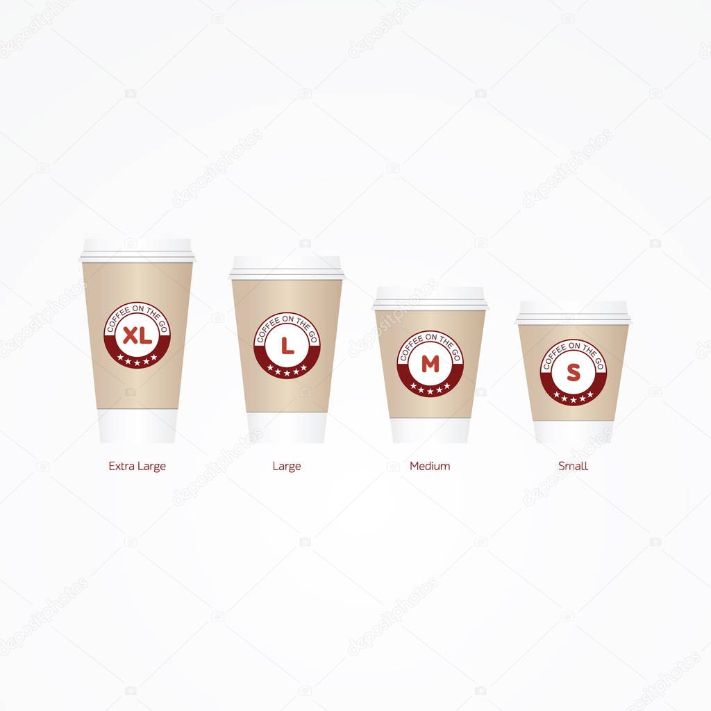 Coffee on the go cups. Different sizes of take away paper coffee cup.
