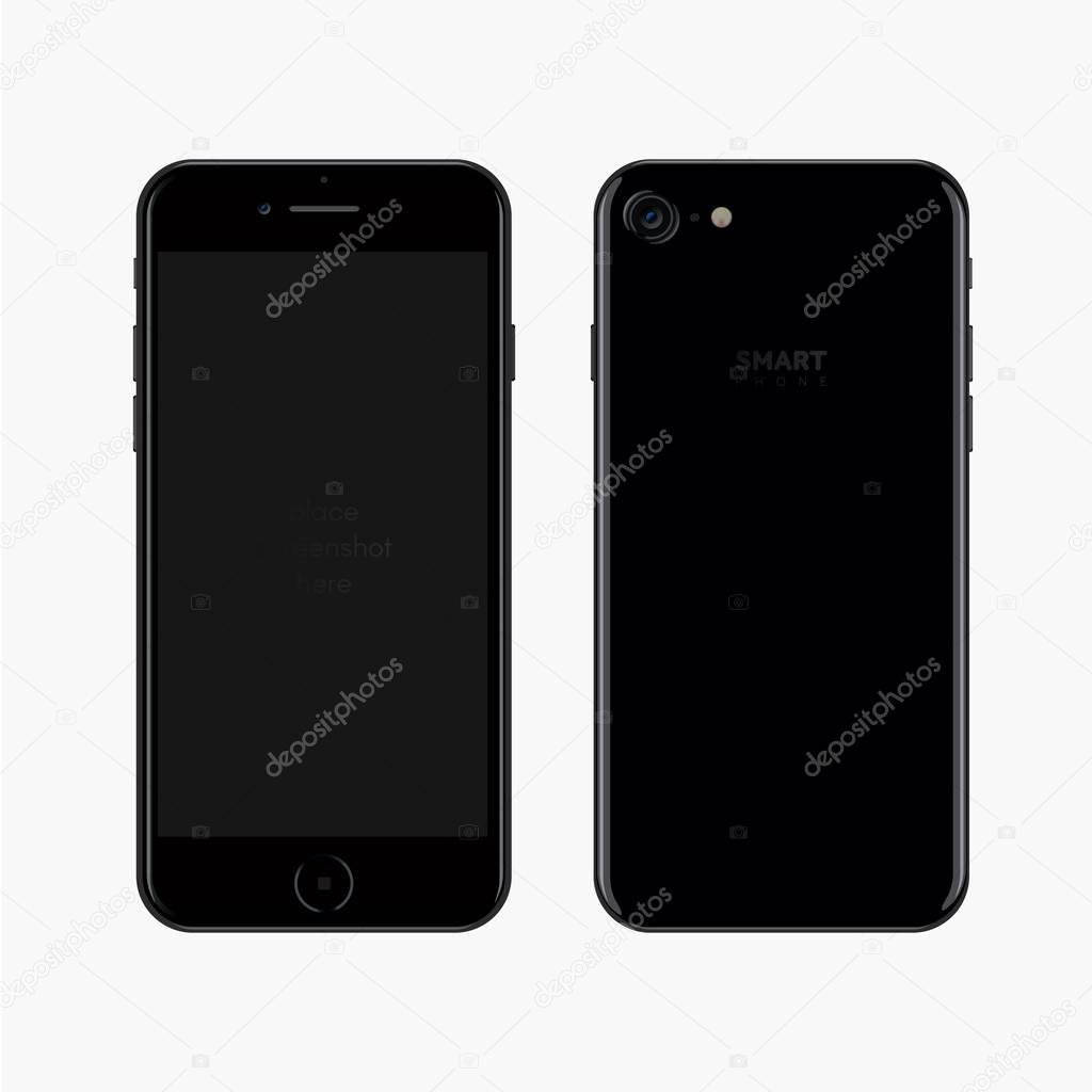Smartphone realistic vector illustration. Black smart phone. New Phone front and back view