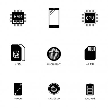 Smartphone belirtimi düz çizgi simgeler. Gadget'ı açıklama simgeler.