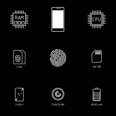 Smartphone belirtimi düz çizgi simgeler. Gadget'ı açıklama simgeler.