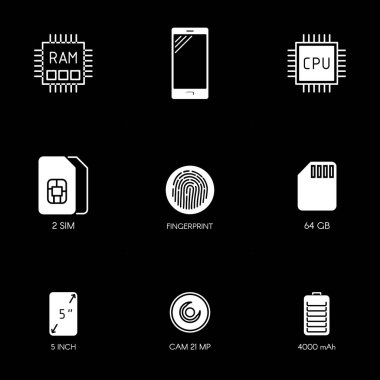 Smartphone belirtimi düz çizgi simgeler. Gadget'ı açıklama simgeler.