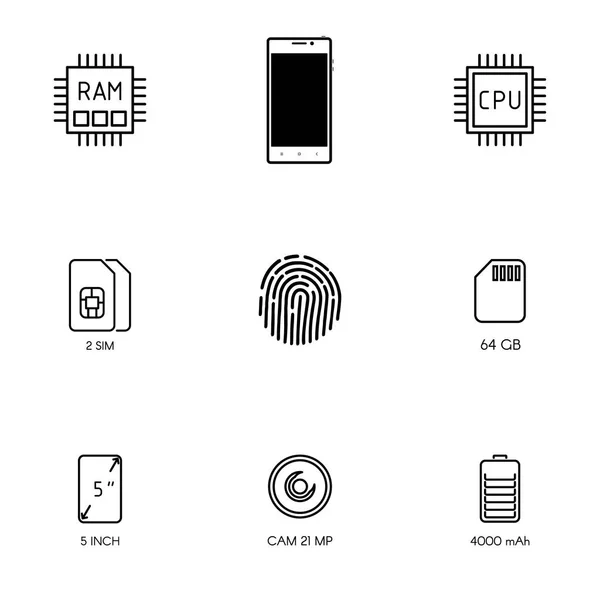 Smartphone specification flat line icons. Gadget description icons. — Stock Vector