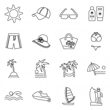 Beach Icon set. Seyahat, turizm ve tatil simge vektör illustr