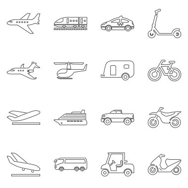 Basit düz vektör çizim ulaşım ve seyahat Icon set