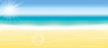 Yaz arka plan vektör çizim. Bulanık yaz plaj, güneş, gökyüzü, deniz, okyanus ve kum. Yaz manzara arka planı için